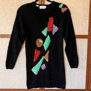 Vintage 1980s Geometric Shape Sequin Silk Angora Mini Sweater Dress